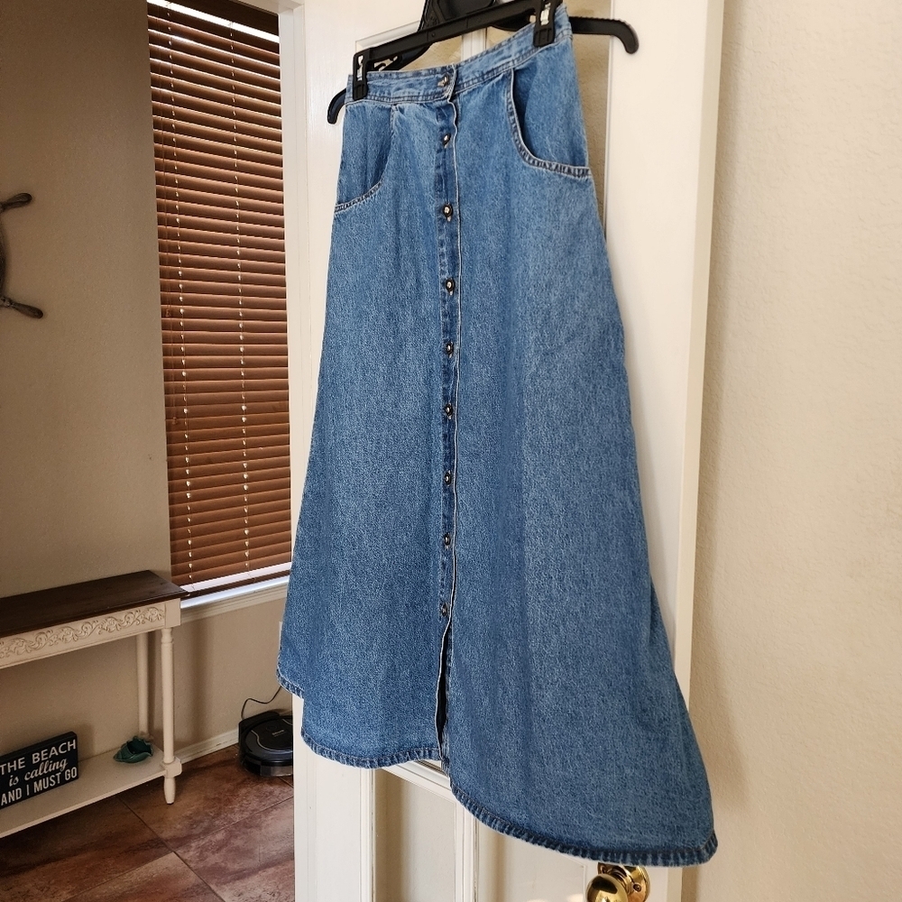 Studio West Vintage 100% Cotton Button-Front Midi Denim Skirt Elastic Back Small - Picture 2 of 11
